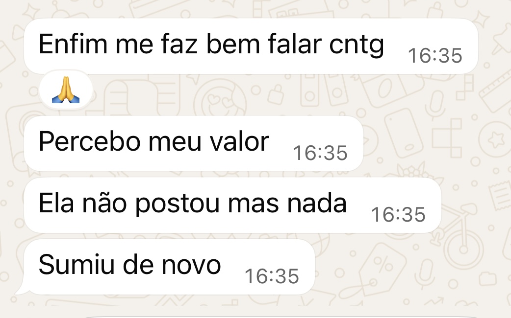 Mensagem de cliente sobre reconhecer o próprio valor após uma conversa com Marcella