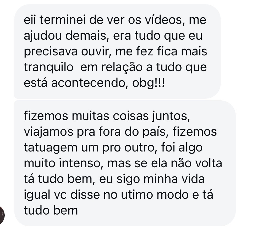 Relato de cliente que terminou os vídeos e se sente mais tranquilo para seguir a própria vida
