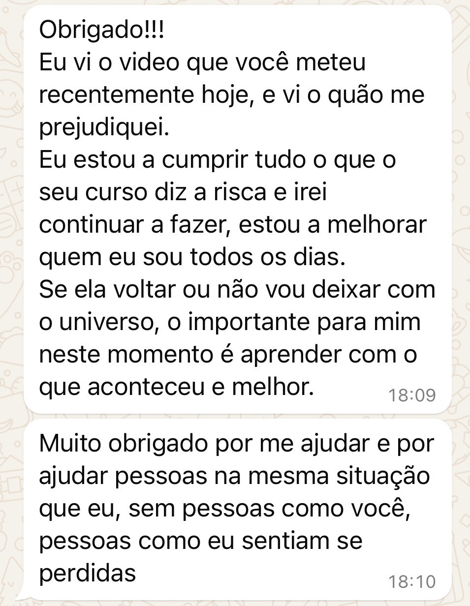 Relato anônimo de cliente agradecendo o curso e destacando seu aprendizado pessoal